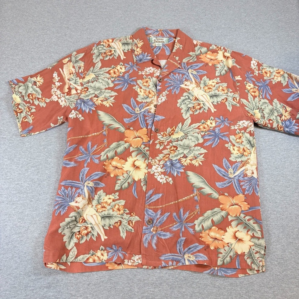 Tommy Bahama Button Up Shirt Mens Medium 100% Silk Hula Girl Floral Loop Collar